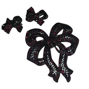 SWEET ROMANCE VINTAGE STYLE Black Red Rhinestone Bow Brooch Clip Earrings USA